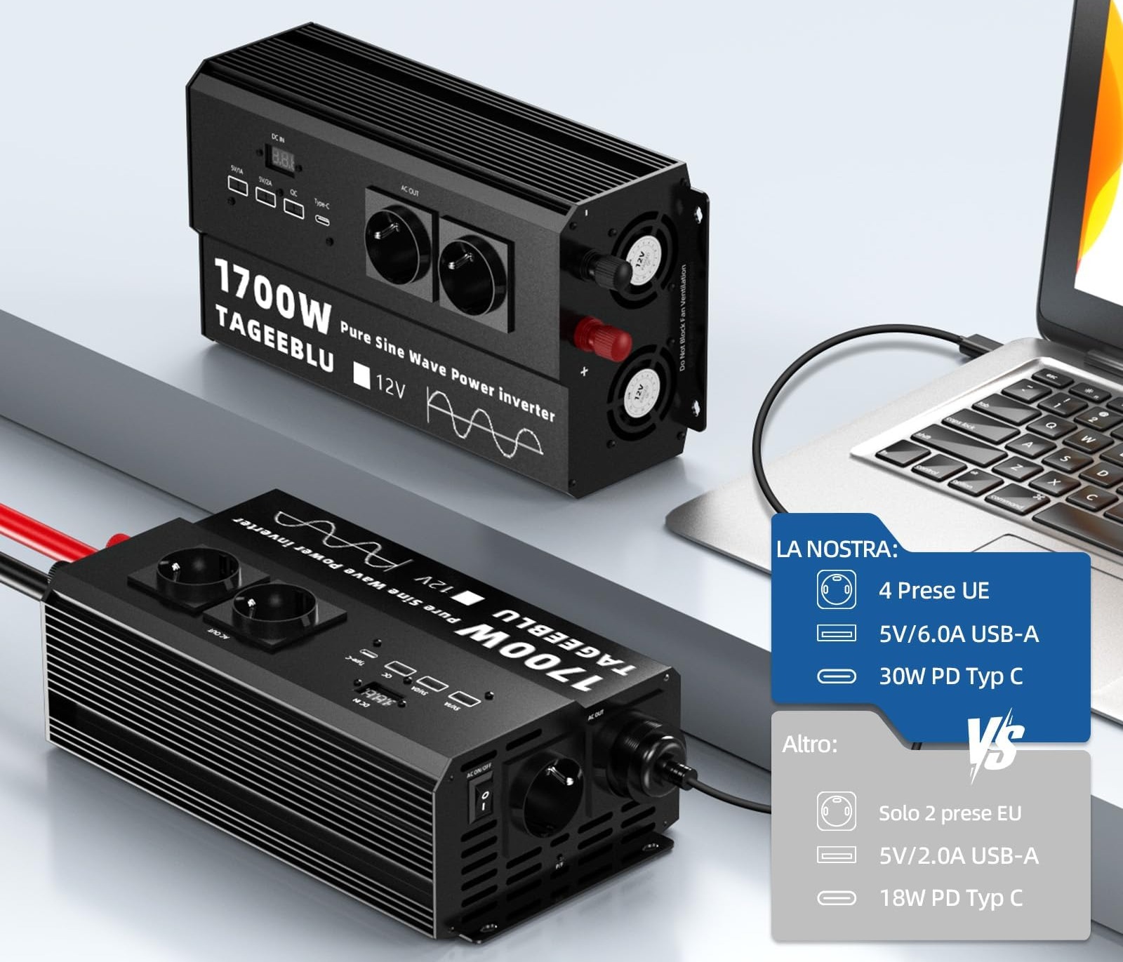 Przetwornica napięcia 1700W czysty sinus TAGEEBLU 12V 220V zdjęcie 2