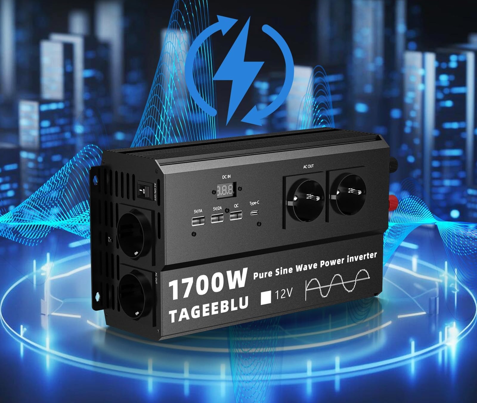 Przetwornica napięcia 1700W czysty sinus TAGEEBLU 12V 220V zdjęcie 4