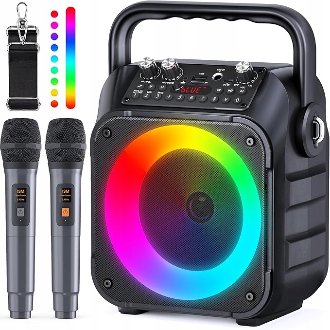 Głośnik do karaoke K9-M czarna akumulatorowa z 2 mikrofonami Bluetooth zdjęcie 5