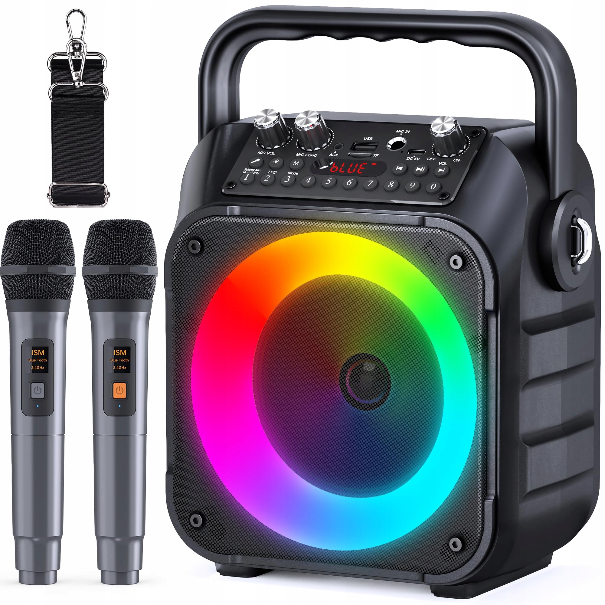 Głośnik do karaoke K9-M czarna akumulatorowa z 2 mikrofonami Bluetooth zdjęcie 6