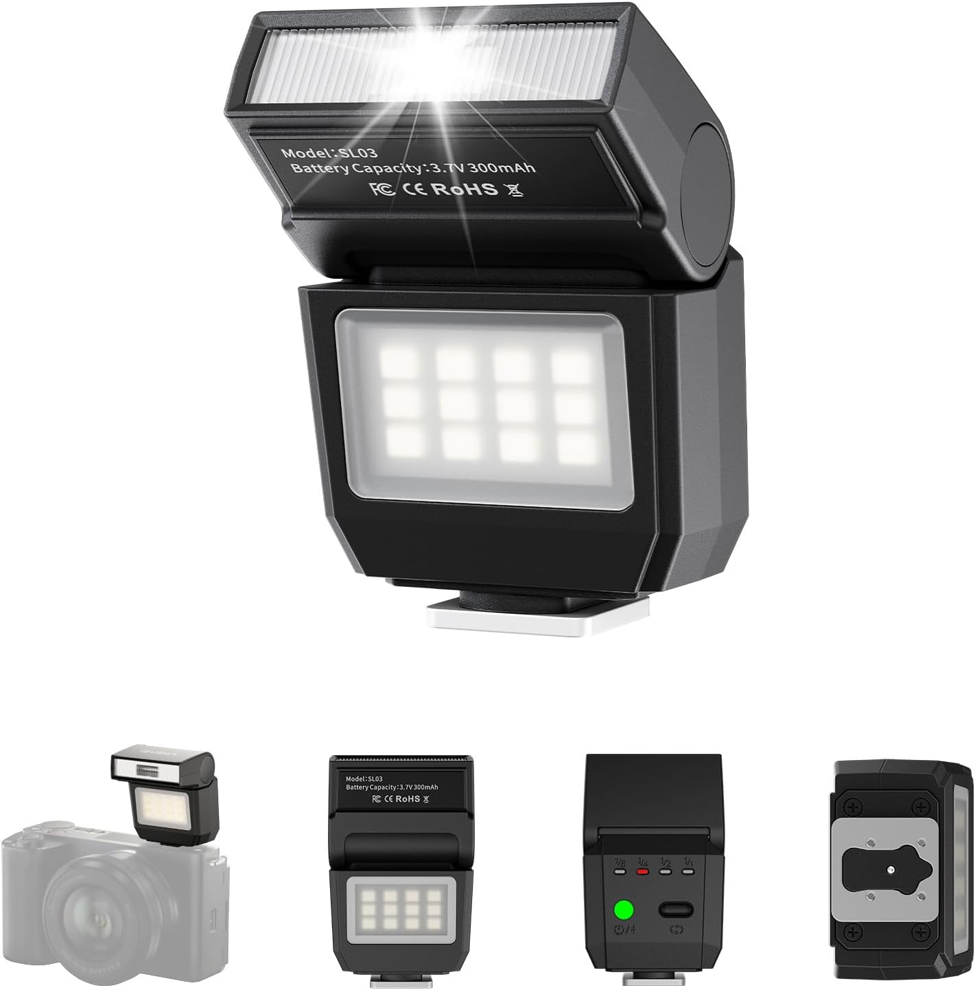 SL03 Mini lampa błyskowa, GN8 6500 K, Speedlite regulacja 90°, 4 zdjęcie 1