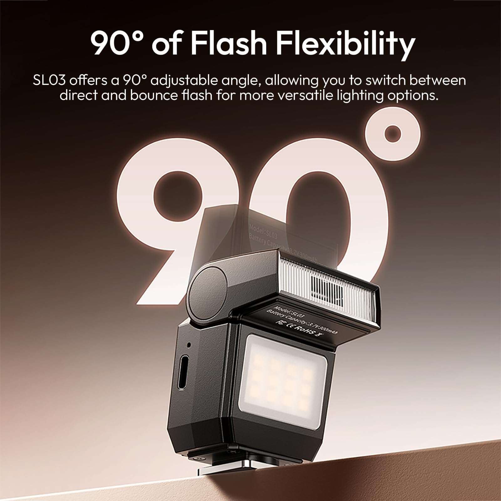 SL03 Mini lampa błyskowa, GN8 6500 K, Speedlite regulacja 90°, 4 zdjęcie 2