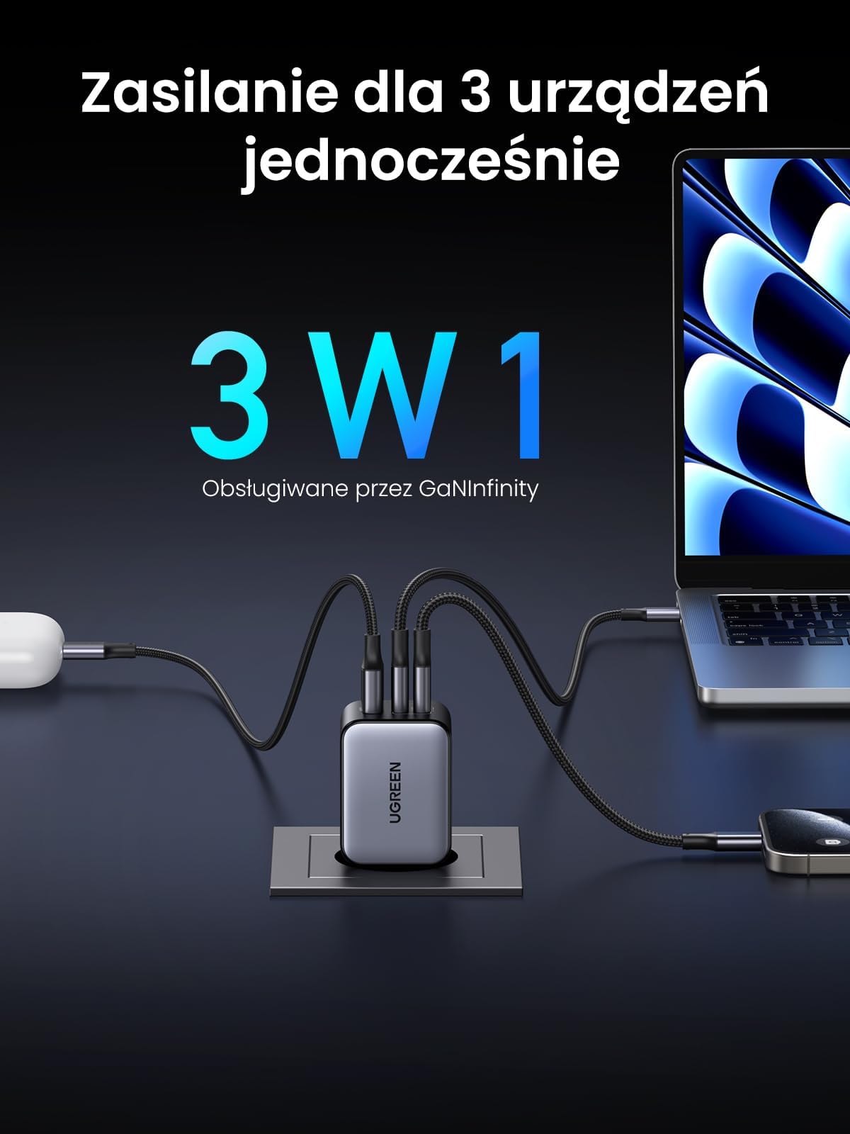 UGREEN Nexode Miniładowarka USB-C 65 W z 3 portami, szybka ładowarka | zdjęcie 4
