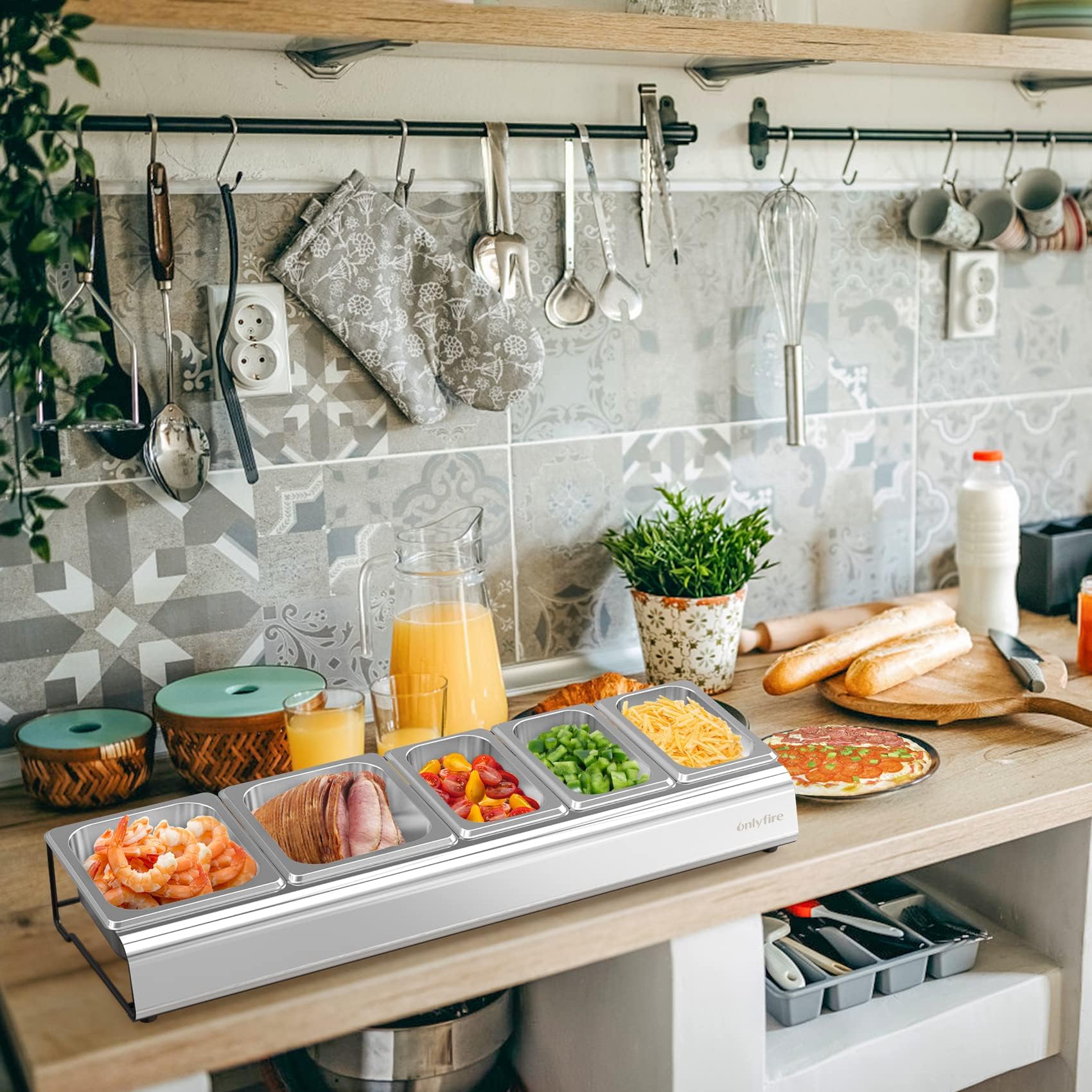 Stacja na Dodatki do Pizzy, Stale Nierdzewne, z Pokrywką, Pojemniki zdjęcie 4