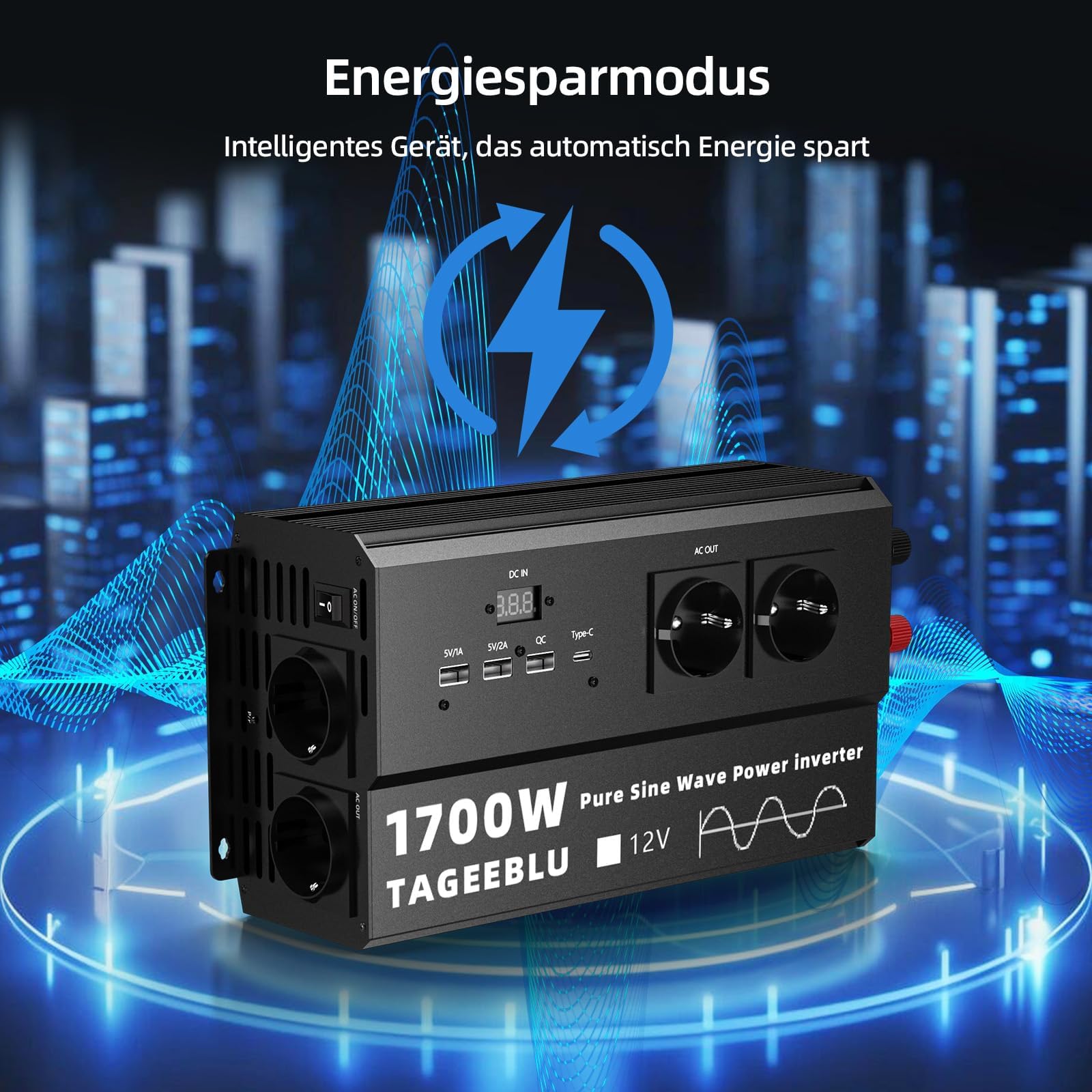 Inwerter 1700W czysty przebieg sinusoidalny 12V 220V, 4 gniazda EU, 3 zdjęcie 4